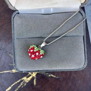 90s Sterling Silver Rhinestone Strawberry Necklace in Sterling Silver Fruit